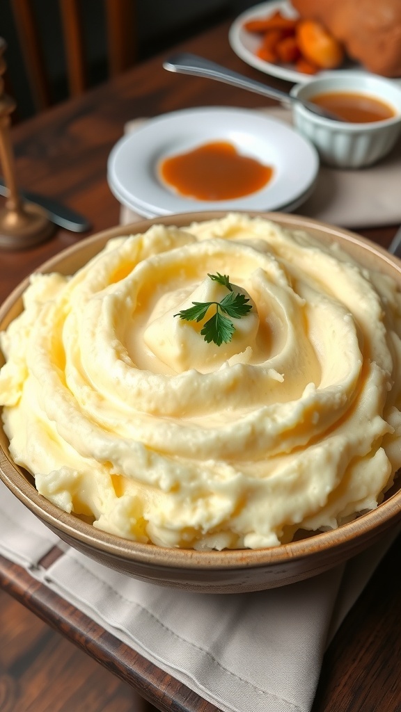 A bowl of fluffy mashed potatoes garnished with parsley, on a rustic table with gravy.